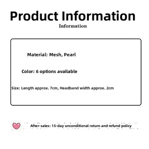 Detailed size specifications for lace and pearl hairbands measuring 7cm long and 2cm wide