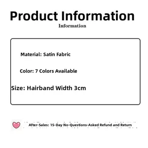 Detail showing 3cm wide satin fabric headband specifications with 7 color options
