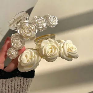 Elegant Camellia Flower Hair Claw Acrylic Resin Artificial Pearl White Rose Shark Clip For Women Girls Korean Style Hair Accessory