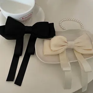 French Style Large Satin Bow Hair Clip With Long Ribbon Streamer Elegant Solid Color Spring Clip For Women Hair Accessory