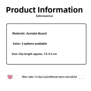 Detailed specs of acetate hair claw clips measuring 7.5 to 9.5 cm with three styles
