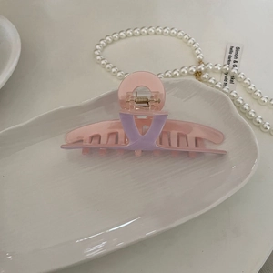 Minimalist purple and pink acetate claw clip hair accessory on a white decorative plate