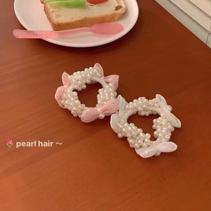 French Style Satin Bow Artificial Pearl Mesh Scrunchie Elegant Sweet Hair Tie Ponytail Holder Fashion Hair Accessories For Women Girls