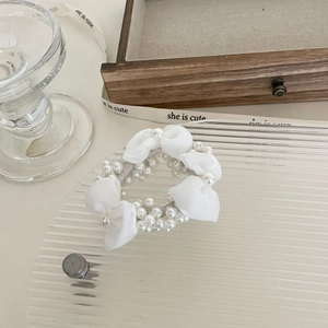 French style white silk bow and pearl hair scrunchie with elegant aesthetic