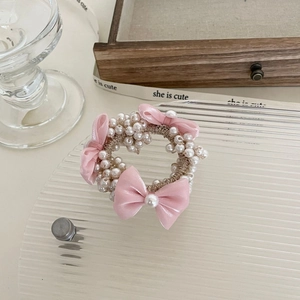 French style hair scrunchie with pink satin bows and elegant white pearls for women
