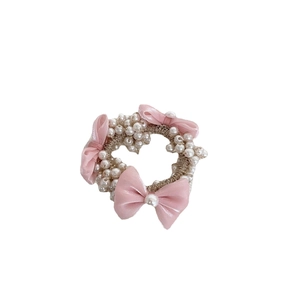 French style pearl lace bow hair tie with pink satin ribbons and gold elastic band