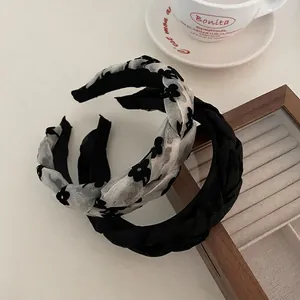Elegant French style headband set with black braided twist and floral organza mesh