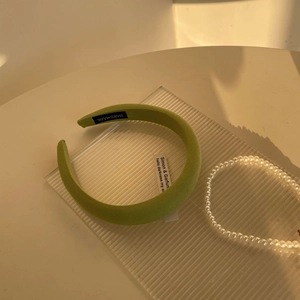 French style grass green sponge headband with twill texture and handmade woven label