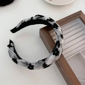 French style floral mesh headband with black and white organza flowers for women
