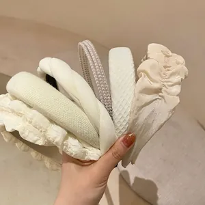 Women Korean INS Style White Pleated Bow Hairband Wide Padded Sponge Headband Handmade Satin Fabric Hair Accessories