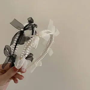 Serre-Tête Style Français Avec Nœud En Maille Et Künstliche Perles Pour Femmes Serre-Tête Élégant En Künstliche Perles D'Imitation Et Nœuds En Organza
