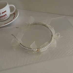 Serre-tête élégant en perles blanches avec nœuds en tulle et strass pour filles