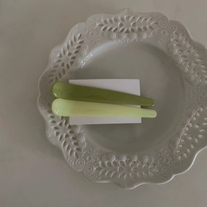 Zweiteiliges Set minimalistischer bunter Macaron-Haarspangen in Grün auf weißem Teller