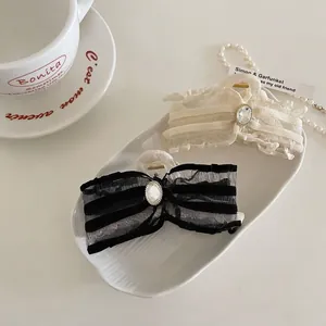 French Elegant Mesh Bow Hair Claw Clip For Women Rhinestone Resin Shark Clip Retro Striped Lace Fabric Hair Accessory Gift