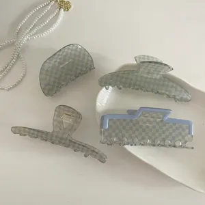 French INS Blue White Checkerboard Acetate Hair Claw Large Shark Clip For Women Elegant Vintage Hair Accessories Hairpin