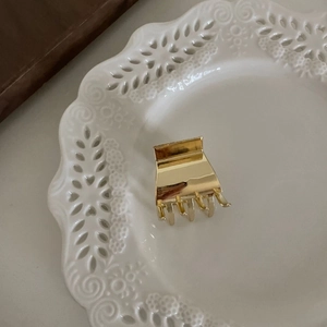 Gros plan d'une pince à cheveux en alliage doré poli sur une assiette blanche en porcelaine