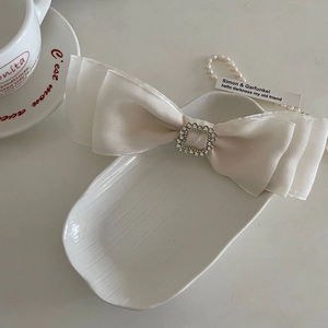 Elegant French style double-layered cream satin bow hair clip with crystal embellishment