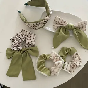French INS Style Green White Plaid Bow Hair Clip Vintage Fabric Geometric Patchwork Hairpin With Faux Artificial Pearl For Women