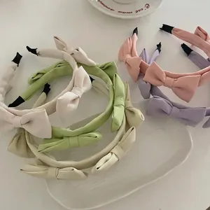 French style macaron color bow headbands in soft cream green and purple satin fabric