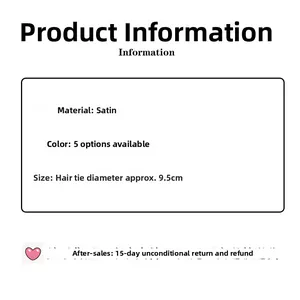 Detailed size chart for satin scrunchies showing a diameter of 9.5cm and five color options