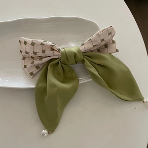 French style bow hair clip with green and white plaid pattern and pearl pendant