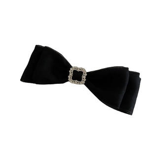 Elegant black satin layered bow hair clip with a sparkling rhinestone center buckle