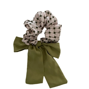 French style scrunchie with oversized bow in green silk and checkered pattern