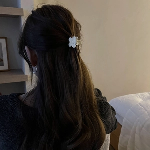 Mini pince à cheveux fleur blanche pour coiffure demi-queue élégante sur cheveux bruns