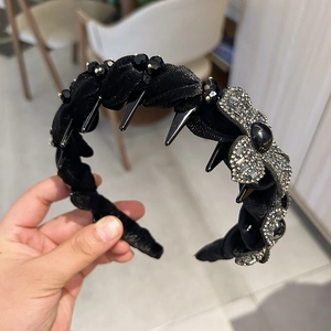 Handgefertigt Schwarz Samt Strass Blume Haarreif Für Damen Gotisch Stachel Schleife Haarband Rutschfest High Top Haarschmuck