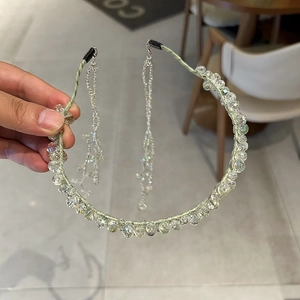 Elegant pale green crystal headband with detachable long bead tassels for high crown styling