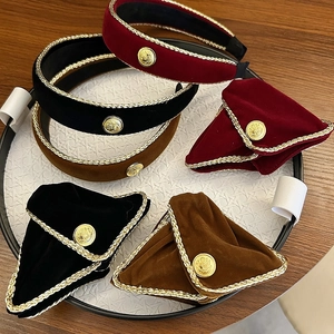 Vintage Velvet Hairband And Hair Clip With Gold Braided Edge Embossed Button Elegant Retro Headband For Women Hair Accessories