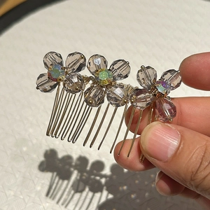 Vintage Gold Alloy Hair Comb With Gray Crystal Flower Rhinestone Elegant Side Hair Insert For Women Wedding Party Jewelry