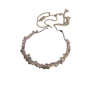 Luxurious lavender silk headband with smoke grey crystal beads and adjustable metal chain