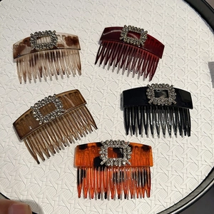 French Vintage Resin Hair Comb With Square Rhinestone Buckle Elegant Tortoiseshell Hair Styling Insert Comb For Women
