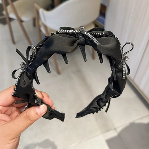 Elegant Black Satin Bow Headband For Women Vintage Luxurious Rhinestone Embellished Hair Band Fashion Hair Accessories