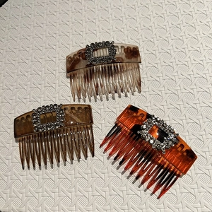French retro hair comb set with tortoise shell texture and sparkling square rhinestones