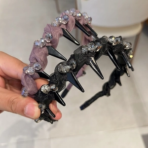 Cerchietto in Raso Avvolto in Rete con Strass e Punte Stile Coreano per Donna Elegante Cristallo Punk Gotico Fascia Capelli
