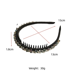 Detailed view of crystal beaded headband with non-slip teeth showing 15cm outer diameter