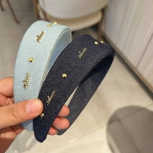 French Style Denim Fabric Wide Headband With Alloy Rivets And Metal Letters Vintage Hair Band For Women Fashion Accessories