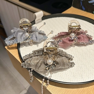Large Bowknot Hair Claw Clip With Tassel Elegant Mesh Satin Rhinestone Artificial Pearl Shark Clip Sweet Fairy Hair Accessories For Women