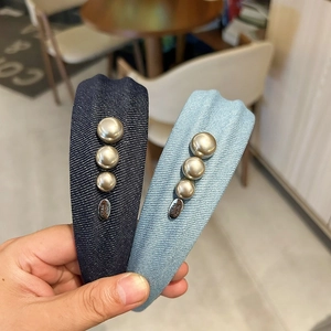 Serre-têtes rétro en denim avec perles élégantes en bleu clair et bleu foncé