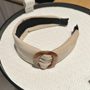 French retro beige canvas headband with vintage amber resin ring detail for women