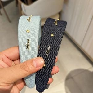 French denim wide headband for women with golden metal accents and casual texture