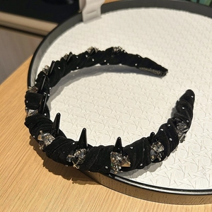 Luxurious black velvet headband with punk spikes and sparkling rhinestones accessories