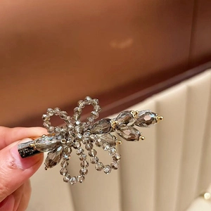 Handmade smoky grey crystal flower hair clip with golden metal clip for women