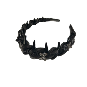 Gothic black silk headband with metallic spikes and silver diamond cross decorations
