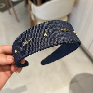 French style wide denim headband with gold rivets and metallic logo for women