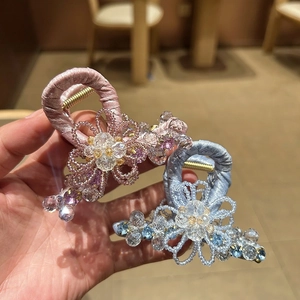 Korean Style Artificial Crystal Flower Hair Claw Clip Elegant Handmade Ribbon Wrapped Sparkling Hair Accessory For Women