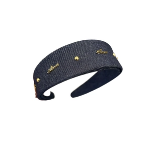 French style dark blue denim headband with gold rivets and Aura lettering ornament