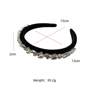 Detail view showing dimensions of black velvet headband with sparkling rhinestones